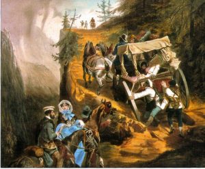 Tableau Eigène Guérard "La poste de Sallanches" à Chamonix - Année 1850 - COPYRIGHT RMN (Runnion des musées nationaux) Tableau Eugène Guérard. "la poste de Sallanches à Chamonix" année 1850 - Copyright RMN (Réunion des musées nationaux)
